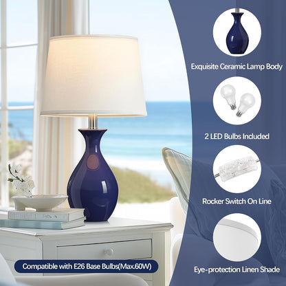 Table Lamp Set of 2, Modern Ceramic Bedside Lamps for Night Stands, Classic Small Lamp Nightstand Lamp for Bedroom Living Room Desk End Table Rocker Navy Blue3