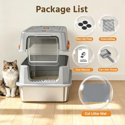 Enclosed Stainless Steel Litter Box, XL Covered Metalpan Includes Mat Scoop | Easy Cleaning Anti-Urine Leakage Non-Sticky Front Entry Top Exit5