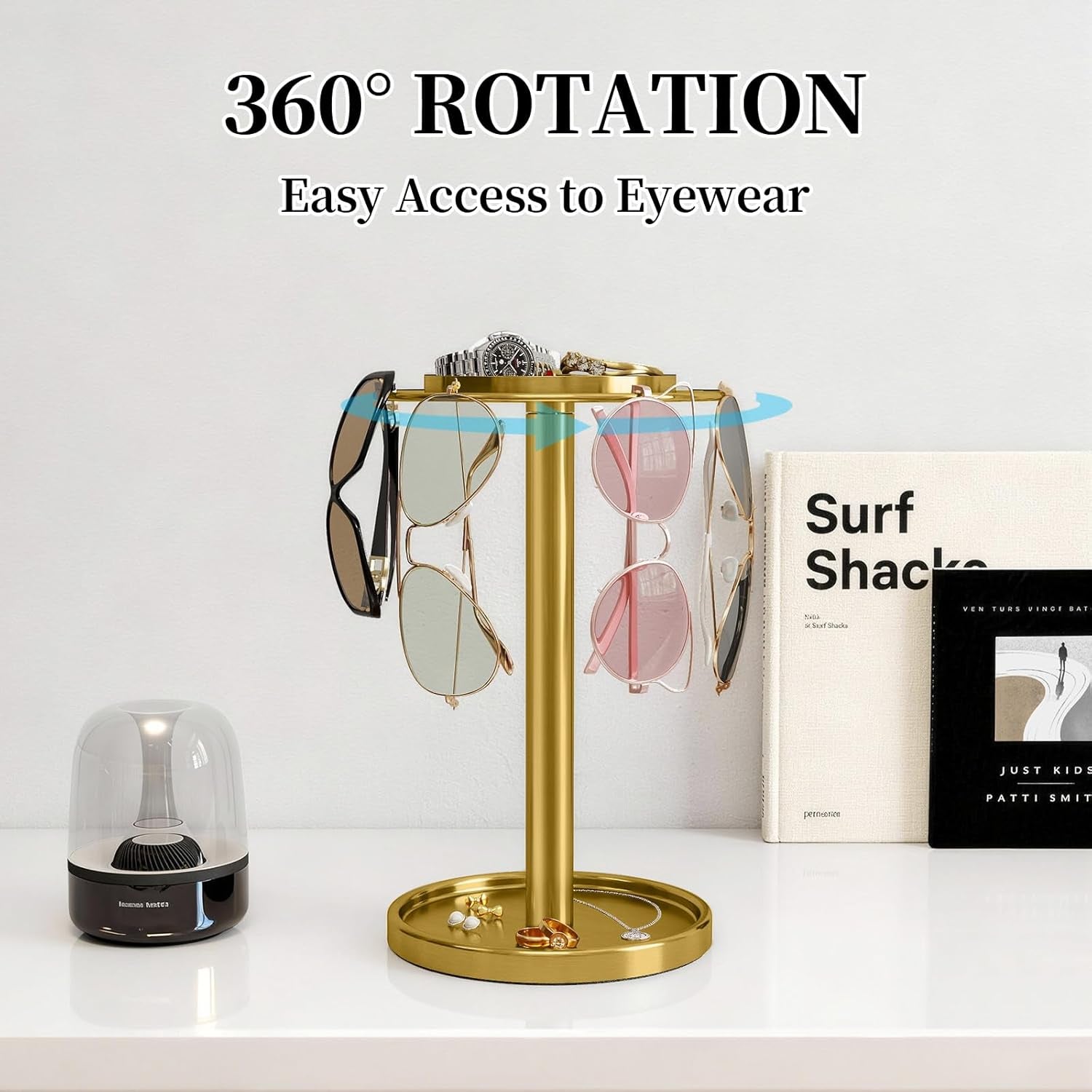 360-rotating-sunglasses-organizer-glasses-holder-with-organizer-tray-stainless-steel-eyeglasses-holder-with-storage-base-for-dresser-desk-table-nightstand-home-decor-gold