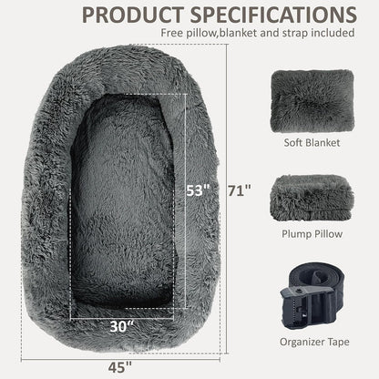 71" Human Dog Bed for Adult, Giant Orthopedic Memory Foam Dog Sofa Bed, Large Oversize Washable Faux Fur Pet Couch with Plump Pillow, Blanket, Strap - Dark Grey2