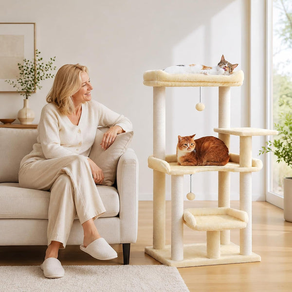 43.3" Cat Tree for Indoor Cats Large Adult, Multi-Level Cat Tower | Cat Tree Tower with Spacious Top Perch, Large Cat Bed, Scratching Posts and Pompom Balls for Fun7