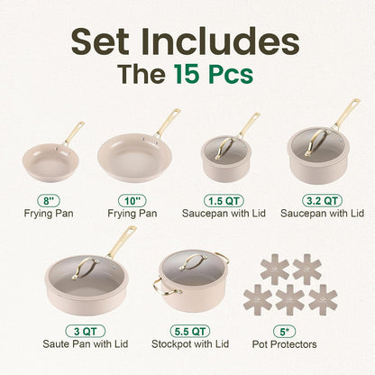 Ceramic Cookware Sets, 15Pcs Pots and Pans Set Non Stick, Cookware Set with Stainless Steel Handle, Dishwasher & Oven Safe, Taupe and Light Gold Handle2