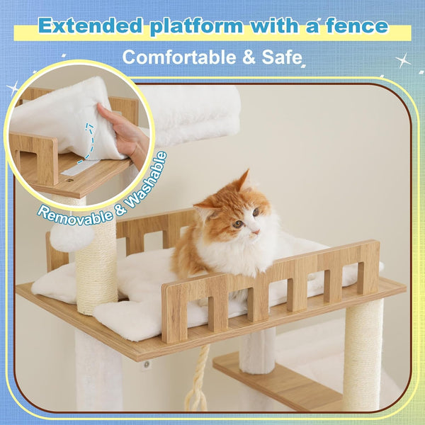 Hey-Brother Wooden Cat Tree, Furniture Tower with Large Platforms, MPJ121BT | 69.7 Inch, Modern Full Sisal Scratching Posts, Hammocks, Spacious Condo, Ladder, Brush, Water Proof Surface, White Oak3