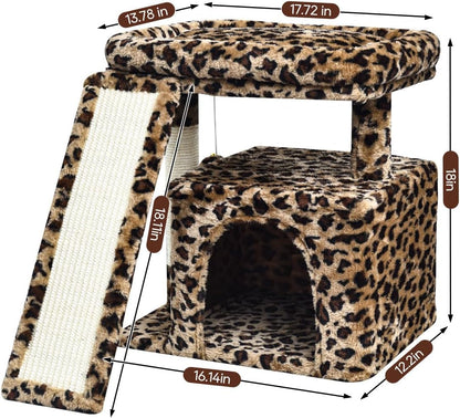 Small Leopard Print Cat Tree for Indoor Cats | Short Tower with Scratching Post, Ramp Pad, Condo with Perch Bed, Kittens Play House, Hanging Plush Ball & Cave for Resting (Leopard Print)3