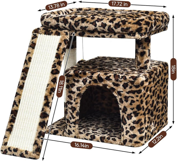 Small Leopard Print Cat Tree for Indoor Cats | Short Tower with Scratching Post, Ramp Pad, Condo with Perch Bed, Kittens Play House, Hanging Plush Ball & Cave for Resting (Leopard Print)3