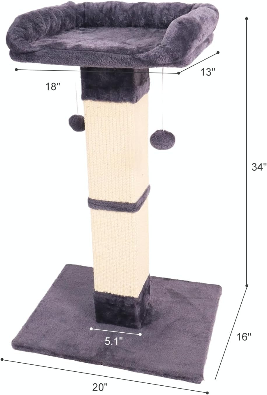 34-cat-scratching-post-for-indoor-cats-sisal-cat-scratcher-with-large-plush-perch-vertical-posts-with-elevated-bed-and-with-two-dangling-balls-removable-washable-cover-dark-grey