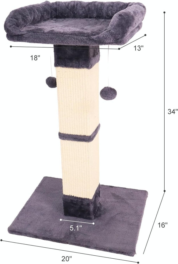 34" Cat Scratching Post for Indoor Cats, Sisal Cat Scratcher with Large Plush Perch, Vertical Posts with Elevated Bed and with Two Dangling Balls, Removable & Washable Cover, Dark Grey2