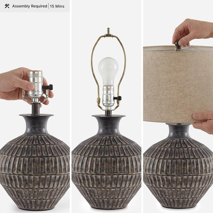 Signature Design by Ashley Magan Metal Table Lamp, 28", Antique Bronze | Antique Bronze-Tone Metal Base, Textured Pattern, Fabric Modified Drum Shade, Living Room or Entryway Use, 3-Way Switch3