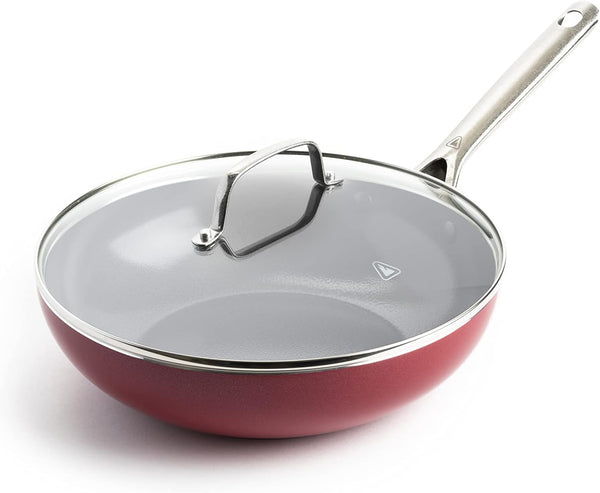 Textured Ceramic Nonstick, 11" Flat Bottom Wok Stir-Fry Pan with Lid for High Heat Cooking, Oven & Broiler Safe to 600 Degrees, Dishwasher Safe, PFAS PFOA & PTFE Free, Red1