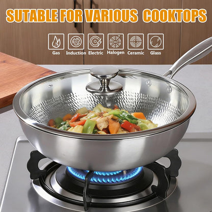 Titanium Hammered Wok Pan with Lid, Pure Titanium Pans for Cooking, No Coating Non-Stick Flat Bottom Wok, Ultra-Durable, Scratch-Resistant, Compatible with All Cooktops,12.6In5