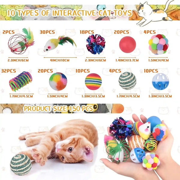 Shappy 150 Pcs Cat Toys for Indoor Cats Bulk, Kitten Toys Pack, Variety Interactive Gift Including Mice Rainbow Balls Spring Crinkle Balls Gift for Kitty Kitten Cat(Classic)2