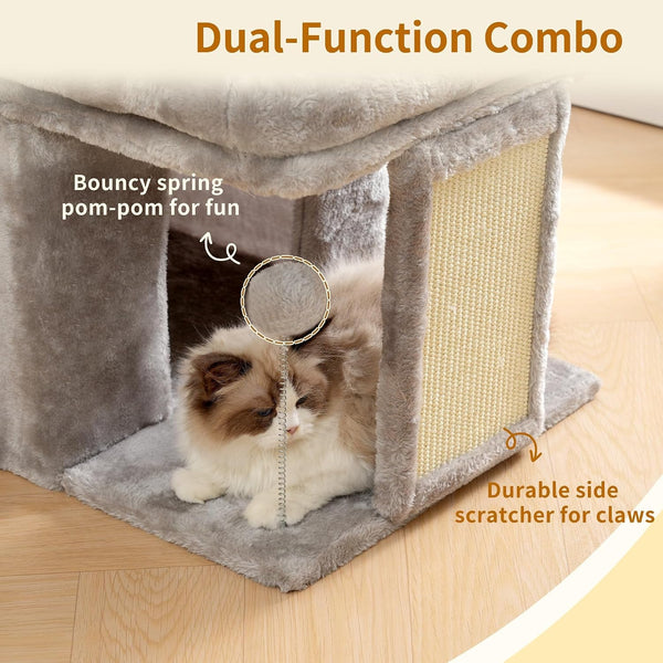 Heybly Cat Tree, 14" Cat Tower with Large Cat Bed & Condo HCT203SW | Cat Furniture for Indoor Cats Large Adult, Cat House with Scratching Posts and Spring Balls for Kittens, Light Gray5