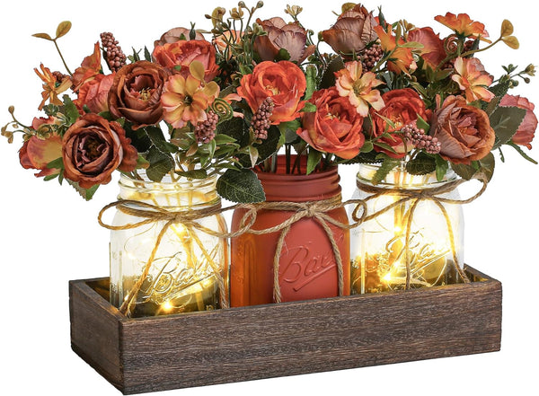 3 Pcs Mason Jar Centerpiece Table Decorations for Dining Table Decor Farmhouse Coffee Table Decor with Wood Tray and Led Light Table Centerpieces for Dining Room Kitchen Living Bathroom,Orange | Rustic Farmhouse Decor for Home Décor Accents Kitchen Counter Decor Dining Room Living Bathroom,Orange1