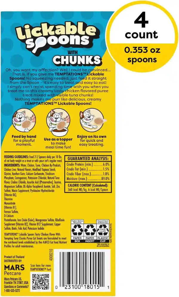 Temptations Lickable Spoons Wet Cat Treats, Chicken with Tuna, 4 Ct, 12Pk | 48 Spoons Total, Mess-Free Creamy Puree, Dual-Flavor per Spoon, Hand-Feed or Use as Food Topper, Real Chicken & Tuna9