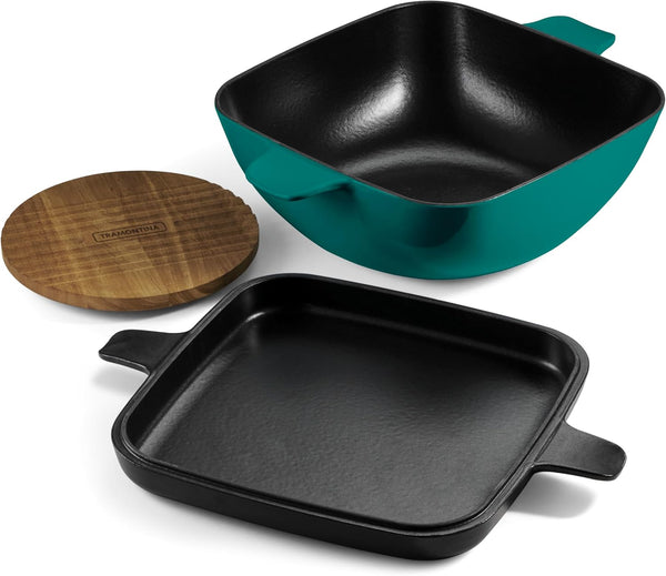 Cultura 2-In-1 Enameled Cast Iron 6.5-Qt Dutch Oven and Griddle | Oven Safe Pot with Reversible Lid Griddle and Trivet - Great for Braising, Roasting and Bread Baking - Teal Green5