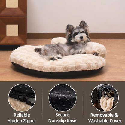 Orthopedic Dog Bed for Small Dogs and Cats Beige Oval 30X25X7 | Calming Pillow Pet Couch Sofa, Removable Washable Cover, Oval 3D Checkered Plush, Indoor6