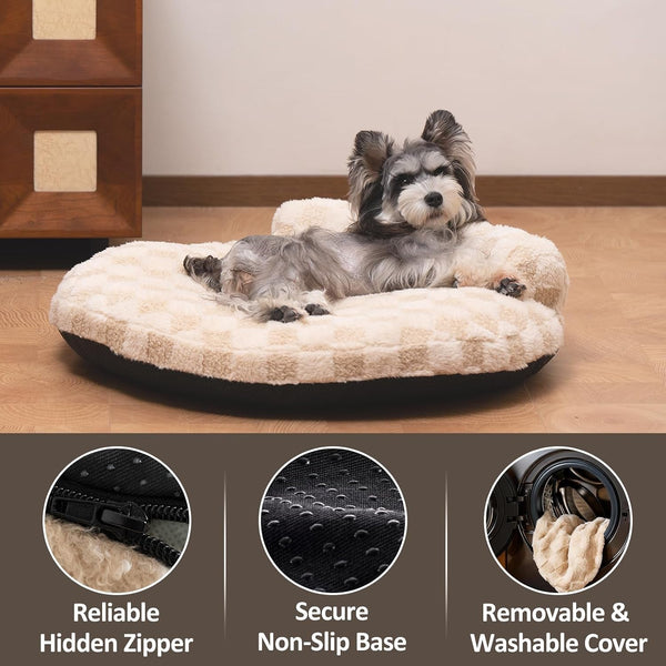 Orthopedic Dog Bed for Small Dogs and Cats Beige Oval 30X25X7 | Calming Pillow Pet Couch Sofa, Removable Washable Cover, Oval 3D Checkered Plush, Indoor6