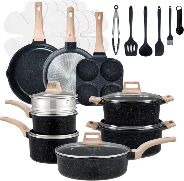 Pots and Pans Set, 25 Pcs Nonstick Kitchen Cookware Set, Induction Kitchen Cooking, Non-Toxic Frying Pans & Saucepans (PFOA/PFOS Free) Black1