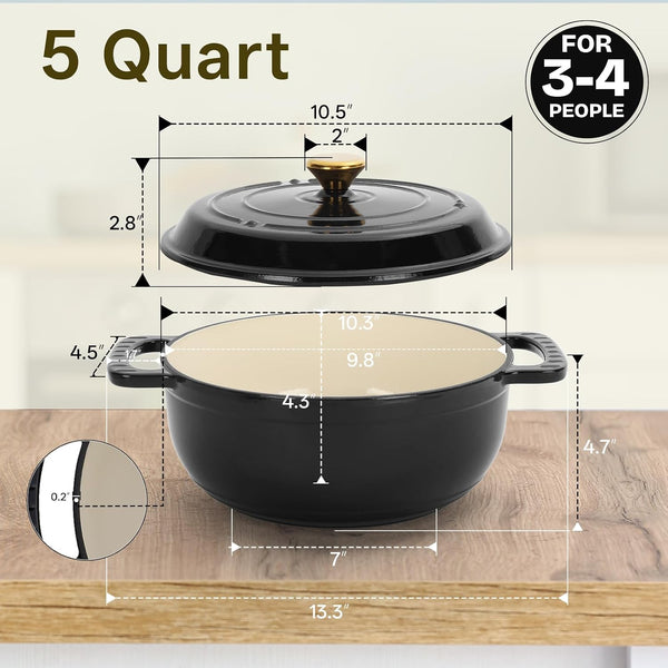 Dutch Oven Pot with Lid, 5 Quart Enameled Cast Iron Dutch Oven, Dual Handles, Kitchen Pots Oven Safe up to 500°F, Stovetop Compatible, Marinate, Cook, Bread Baking, Refrigerate & Serve, Black6