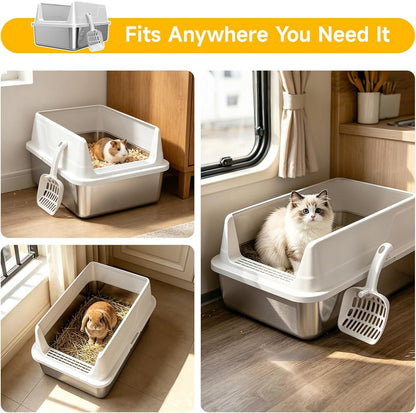 Stainless Steel Cat Litter Box with Scoop,M Metal Pan for Kittens | Metal Litter Box with High Sides & Lid, Open Top Low Entry , Non-Stick Easy Clean ，Kitty Cat Box for Indoor Cats, High Wall8