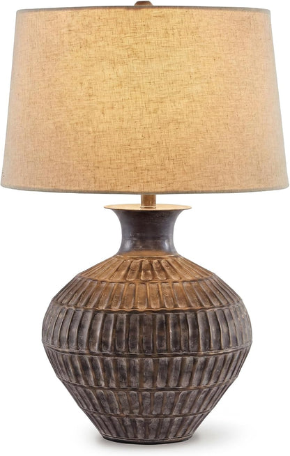 Signature Design by Ashley Magan Metal Table Lamp, 28", Antique Bronze | Antique Bronze-Tone Metal Base, Textured Pattern, Fabric Modified Drum Shade, Living Room or Entryway Use, 3-Way Switch1