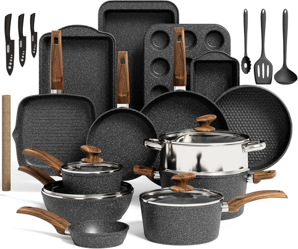 Induction Cookware & Bakeware Set, 30Pcs Pots and Pans Set | Nonstick Kitchen Cookware Sets, Granite Cooking Pan and Pot Set, All-Stovetop Compatible, Pfos/Pfoa-Free, Black1