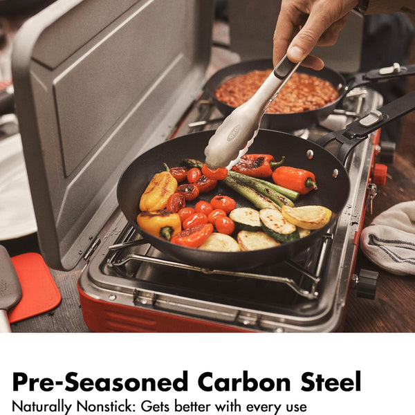 OXO Outdoor 8 Piece Camping Cookware Set, 10" Pre-Seasoned Carbon Steel Frying Pan Skillet, 2.25QT and 5QT Stainless Steel Saucepans with Lids, Removeable Handle, Trivet, Travel Bag, Space-Saving6