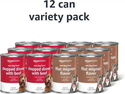 Amazon Basics Chopped Ground Dinner Wet Dog Food Variety Pack, Filet Mignon Flavor and with Beef, Made with Natural Ingredients, 13.2Oz Cans (Pack of 12)2