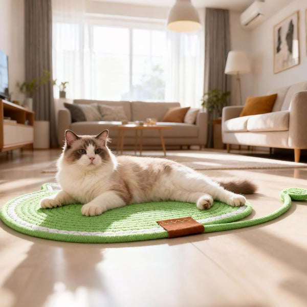 2 PC Cat Scratcher Mat - Natural Cotton Rope Oval Horizontal Scratch Pad (11''X13.7'') with Dangling Ball Toy, Cat Ear Design, Furniture Protector for Floor/Wall, Durable Handmade (Balck, 2 PC)8