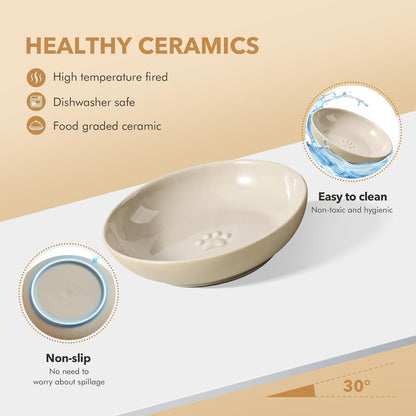 Havniva Elevated Cat Bowls, Cat Food and Water Bowl Set, Ceramic Cat Bowl | Raised Cat Food Bowls, Whisker Friendly, 5.6” Shallow Cat Dishes + 6” Wide Cat Plates, Non-Slip Wood Stand, Two Heights3