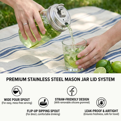 2 Pack Reusable Mason Jar Drinking Coffee Lids, Wide Mouth | SUS 304 Stainless Steel, Mason Jar Lids, Pour Spout, Metal Leak Proof Flip Caps, Iced, Smoothies & Cold Brew, Dishwasher5