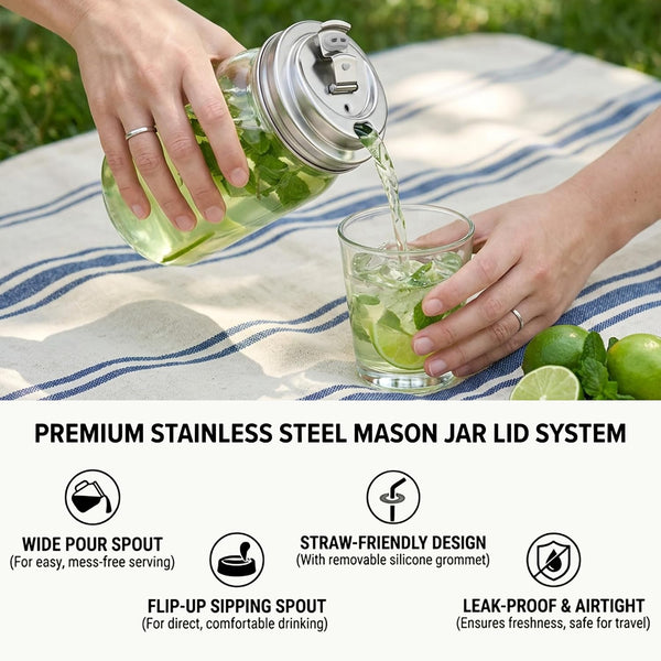 2 Pack Reusable Mason Jar Drinking Coffee Lids, Wide Mouth | SUS 304 Stainless Steel, Mason Jar Lids, Pour Spout, Metal Leak Proof Flip Caps, Iced, Smoothies & Cold Brew, Dishwasher5