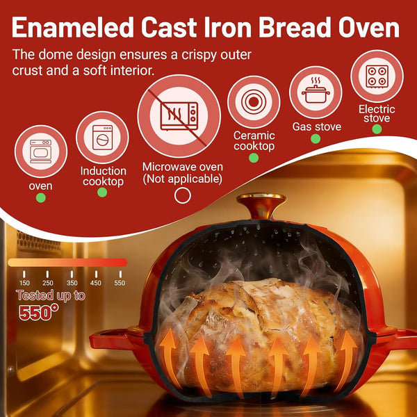 Cast Iron Bread Oven, Enameled Dutch Oven for Baking Sourdough Bread with Dome Lid & Complete Accessory Kit for Bread, 5QT (Red)3
