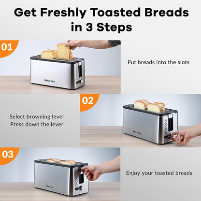 4 Slice Toaster, Long Slot Toaster with Countdown Timer, Bagel/Defrost/Reheat/Cancel Functions,Warming Rack, Removable Tray, 6 Browning Settings, Extra Wide Slots, Stainless Steel, 1300W6