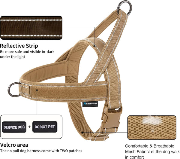 Annchwool No Pull Dog Harness,Heavy Duty Reflective Collar & Leash Set-Leash with Double Handle & Car Seatbelt Clip-Easy Control for Walking Training Medium Large Size Dogs(Brown,L)2