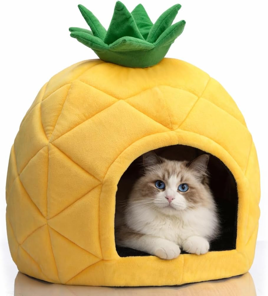 hollypet-cat-bed-cave-for-indoor-cats-for-pets-up-to-15-lbs-pineapple-warm-cat-bed-cats-cave-condo-covered-kitty-house-with-removable-washable-cushion-cozy-enclosed-pet-bed-for-small-dogs