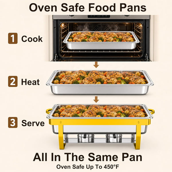 4Pack Rectangular Chafing Dishes for Buffet,Total 36QT Set with 7 Food Pans | Versatile 7 Pan Setup ,450°F Oven-Safe Pans,Hot Cold Food Service,Bonus Tongs,Easy Assembly Storage,Elegant Gold Finish3