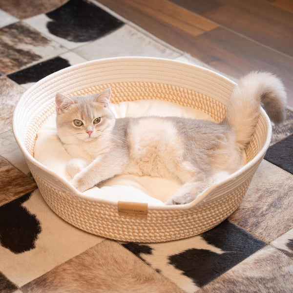 CHEERHOME PETS Cat Bed Basket with Cushion, Cotton Rope Woven Pet Bed for Indoor Cats Couch, Stimulicat Cat Bed Handwoven Breathable, All Season Universal (White)7
