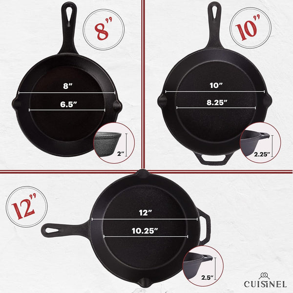 Cast Iron Skillet Set - 8" + 10" + 12"-Inch Pre-Seasoned Frying Pans + Silicone Handle Grip Covers - Indoor/Outdoor, Oven, Grill, Stove, BBQ, Fire, Induction Safe Kitchen and Camping Cookware2