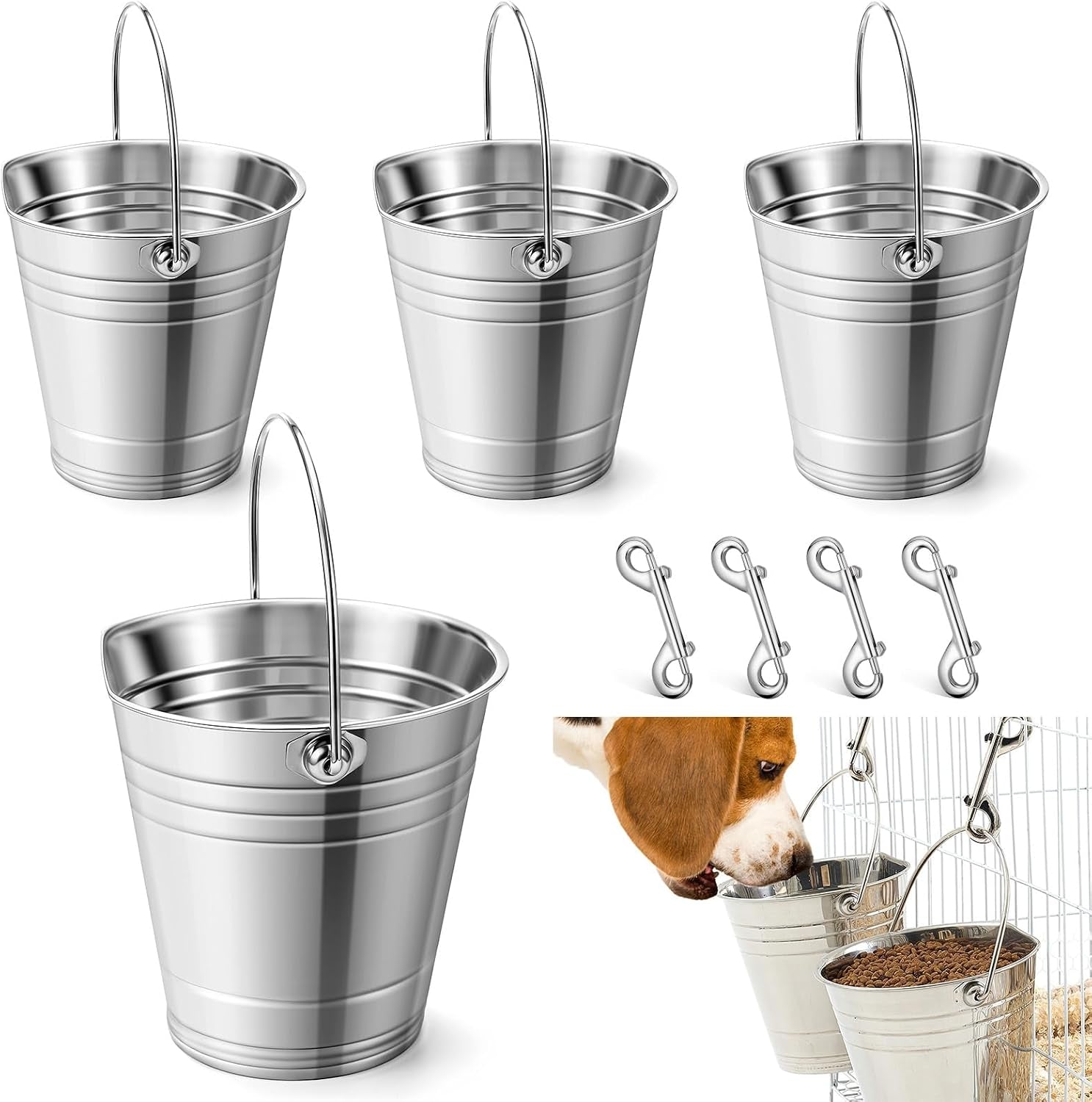 mumufy-4-set-2-quart-stainless-steel-flat-side-bucket-durable-water-pails-with-double-ended-snaps-small-metal-bucket-flat-back-water-pails-for-dogs-cats-kennels-cages-fences-pet-container