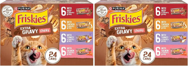 Purina Friskies Extra Gravy Wet Cat Food Chunky 24Ct Variety Pack (With Chicken, Turkey, Salmon, Beef) - (Pack of 24) 5.5 Oz. Cans13
