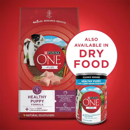 Purina ONE plus Wet Puppy Food Classic Ground Healthy Puppy Lamb and Long Grain Rice Entree - (Pack of 12) 13 Oz. Cans11
