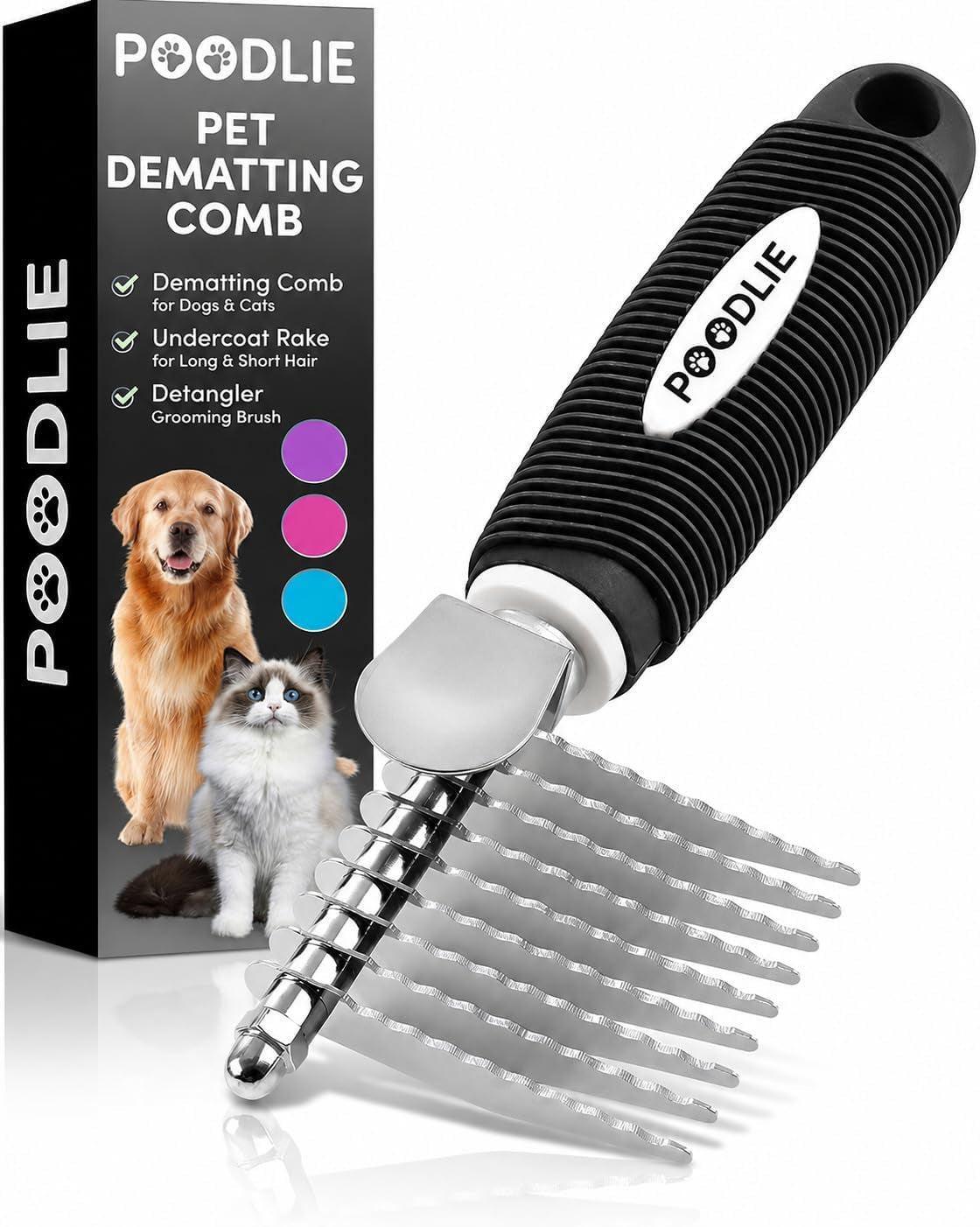 poodle-dematting-fur-rake-comb-brush-for-dogs-and-cats-long-2-5-steel-safety-blades-metal-comb-for-detangling-matted-or-knotted-undercoat-hair