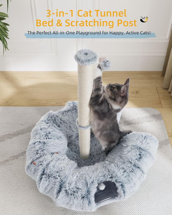 Aechonow 3-In-1 Cat Tunnel Bed, 34'' Cat Scratching Post for Indoor Cats | Fluffy Peekaboo Donut Hideout Toy for Pets, Rabbit, Ferret2