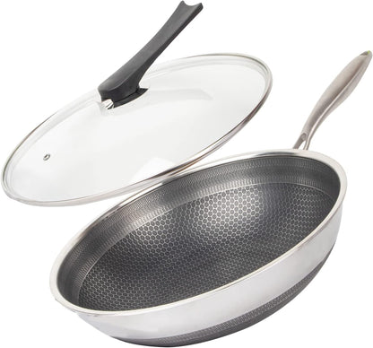 12.5" 316L Stainless Steel Honeycomb Non Stick Wok Pan Stir-Fry Wok with Lid,Skillet with Stay-Cool Handle PFOA Free Suitable for Induction, Ceramic, Electric, and Gas Cooktops1