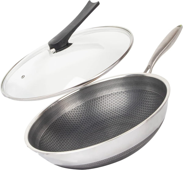 12.5" 316L Stainless Steel Honeycomb Non Stick Wok Pan Stir-Fry Wok with Lid,Skillet with Stay-Cool Handle PFOA Free Suitable for Induction, Ceramic, Electric, and Gas Cooktops1