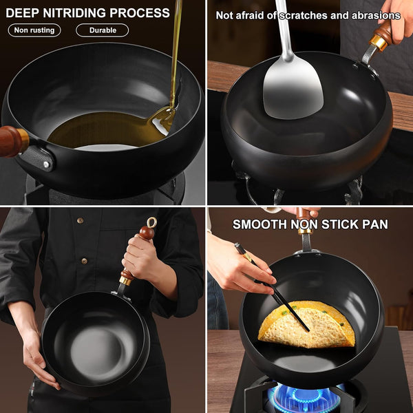 Carbon Steel Wok Pan, 9.4 INCH Nonstick Pre-Seasoned Woks & Stir-Fry Pans with Lid, No Chemical Coating Wok Flat Bottom Small Handmade Chinese Wok for Induction, Gas, Electric & All Stoves5