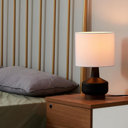 15" Ceramic Table Lamp, Matte Black Base, Wood-Toned Accent, White Linen Shade, Dual Rotary Switch, Modern Bedroom or Office Lighting, 610000464