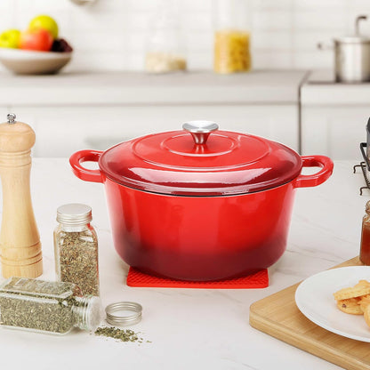 6QT Enameled Cast Iron Dutch Oven & Silicone Trivet Mat, round Dutch Oven Pot with Lid Dual Handles for Bread Baking Stewing Roasting, Safe for Various Stovetops, Nonstick & Easy Cleanup-Red2