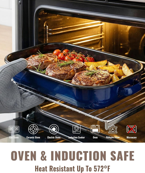 Roasting Pan for Oven with Rack 6-Piece Enamel Deep Lasagna Baking Dish 14&17 Inch, 572°F High Temp Resistance Dishwasher Safe Non-Stick Easy-To-Clean, Large Turkey Ham Roaster Housewarming Gift5
